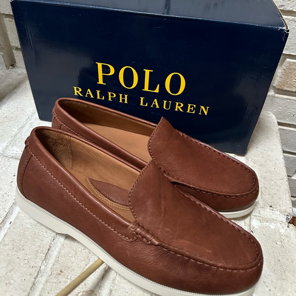 New Polo Ralph Lauren Men's Merton Leather Venetian Loafers Shoes Brown Slip On